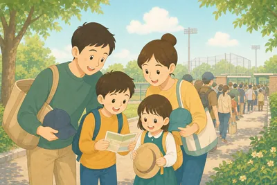 夏の朝、球場に向かう人々の列と、計画して出かける家族の様子