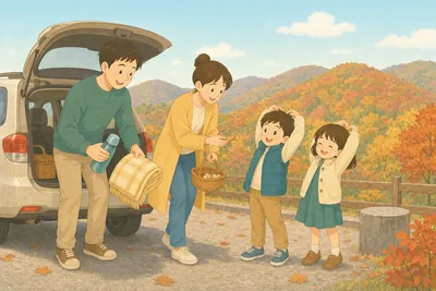 紅葉の山を望む休憩所で、父親が車のトランクから水筒とブランケットを出し、母親が子ども2人におやつを渡している様子