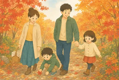 紅葉した木々に囲まれた落ち葉の小道を、ピクニック用のかごを持つ母親、父親と手をつなぐ女の子、しゃがんでもみじの葉を拾う男の子が歩いている様子