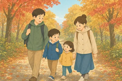 紅葉した林の広い遊歩道を、鈴をつけたリュックの父親、男の子、小さな女の子と手をつなぐ母親が、離れずに並んで歩いている様子