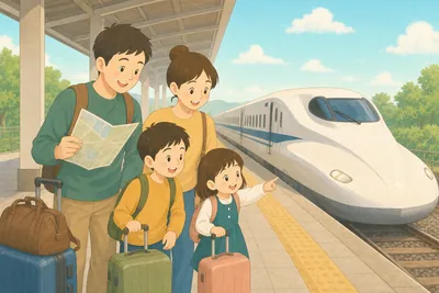 駅のホームで新幹線を見ながら旅行の計画を楽しむ家族の様子