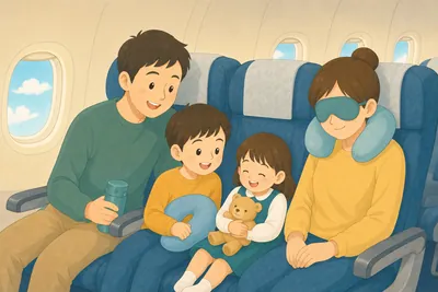 飛行機の機内で快適に過ごす家族の様子