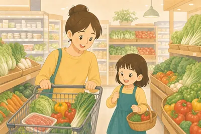 親子でスーパーマーケットの野菜売り場を買い物する様子