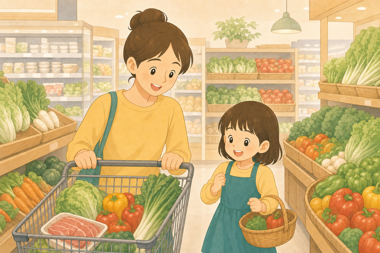 親子でスーパーマーケットの野菜売り場を買い物する様子