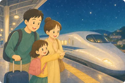 夜の駅のホームで新幹線を待つ家族の様子