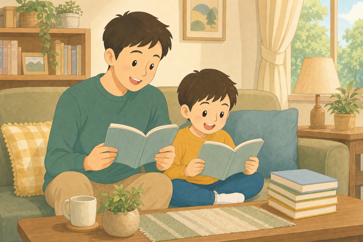 リビングで親子が一緒に漫画を読んで楽しむ様子