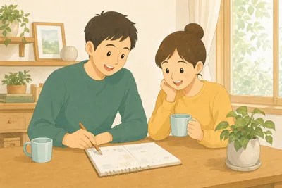 新しい暮らしの計画をテーブルで楽しそうに話し合う若い二人の様子