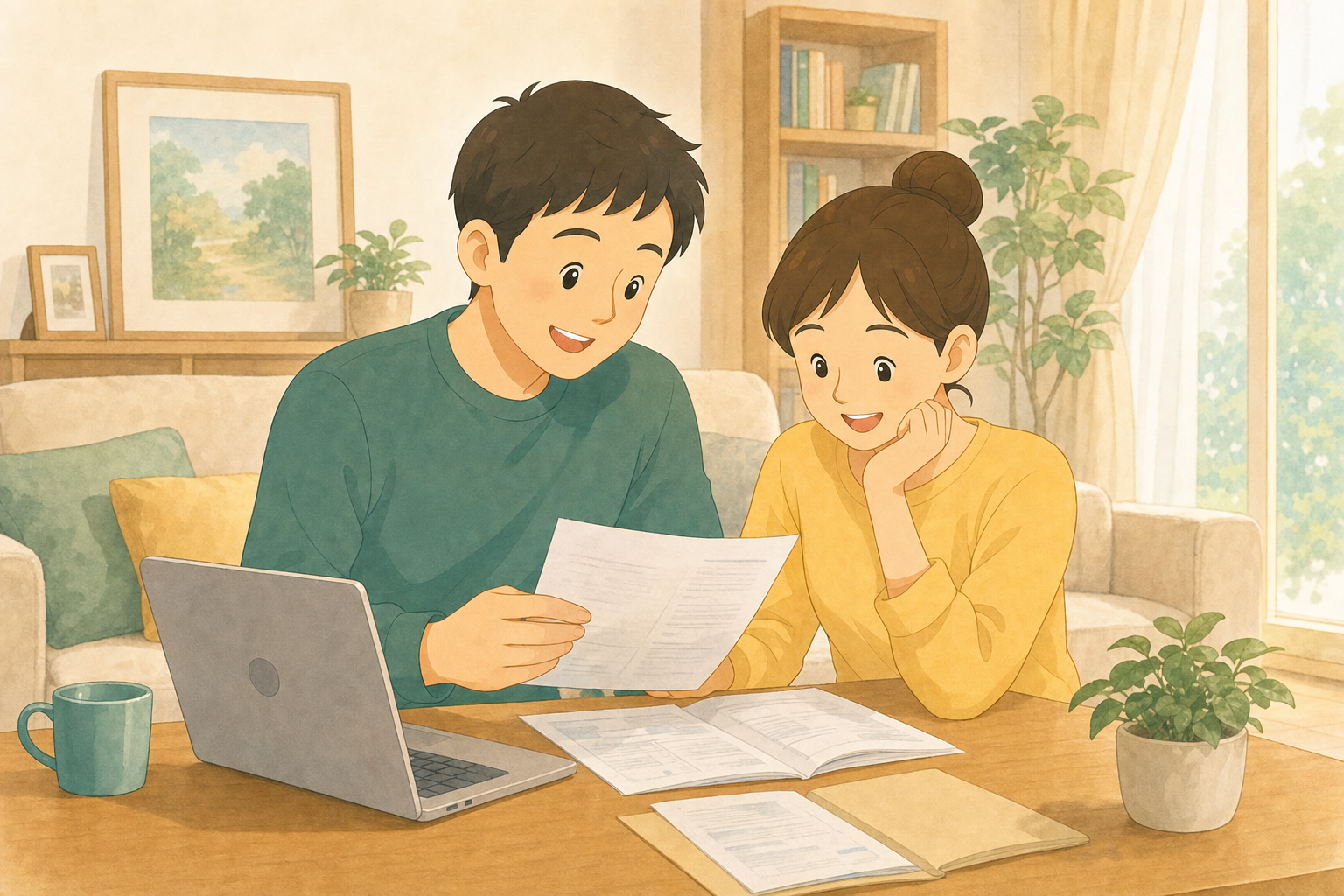 リビングで安心した表情で医療費の書類を確認する家族の様子