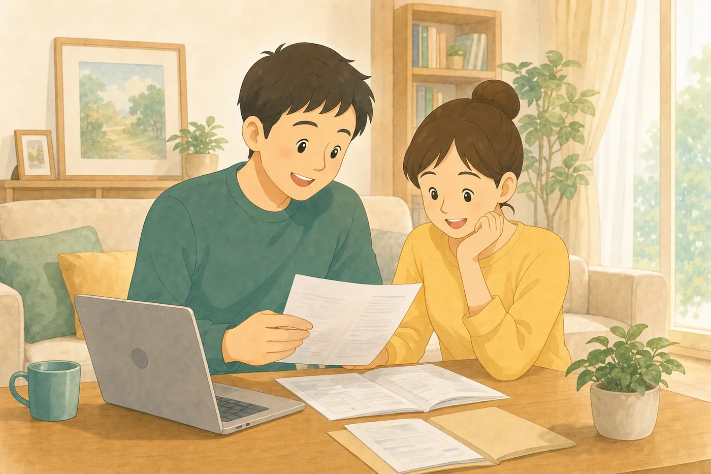 リビングで安心した表情で医療費の書類を確認する家族の様子
