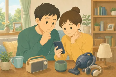 スマートフォンでフリマアプリの家電を見ながら相談する家族の様子