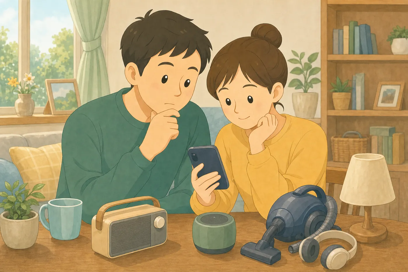 スマートフォンでフリマアプリの家電を見ながら相談する家族の様子