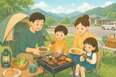 道の駅のそばの芝生でBBQやキャンプを楽しむ家族の様子