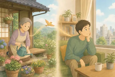 左に田舎の家の縁側で花に水をやる高齢の母親、右に都会の部屋で窓の外を眺めてほほえむ息子。2つの場面が光の帯と小鳥でつながっている