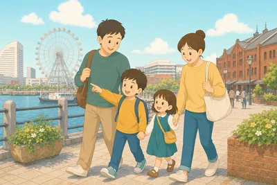 観覧車のある港町のウォーターフロントを家族で散策する様子