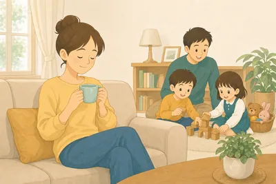 リビングでお茶を飲みながらほっと一息つく母親と、そばで見守る家族の様子
