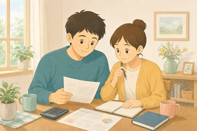 テーブルで住宅ローンの書類を確認する夫婦の様子
