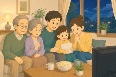 リビングのソファで家族みんなでテレビの音楽番組を楽しむ様子