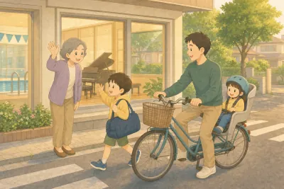 夕方の習い事教室の前で、祖母が手を振って男の子を迎え、父親が幼い子を後ろに乗せた自転車で到着する様子