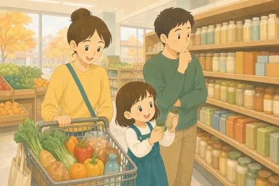 秋のスーパーで、母親がカートを押し、娘が2つの調味料のびんを見比べ、父親が棚の前で考え込んでいる様子