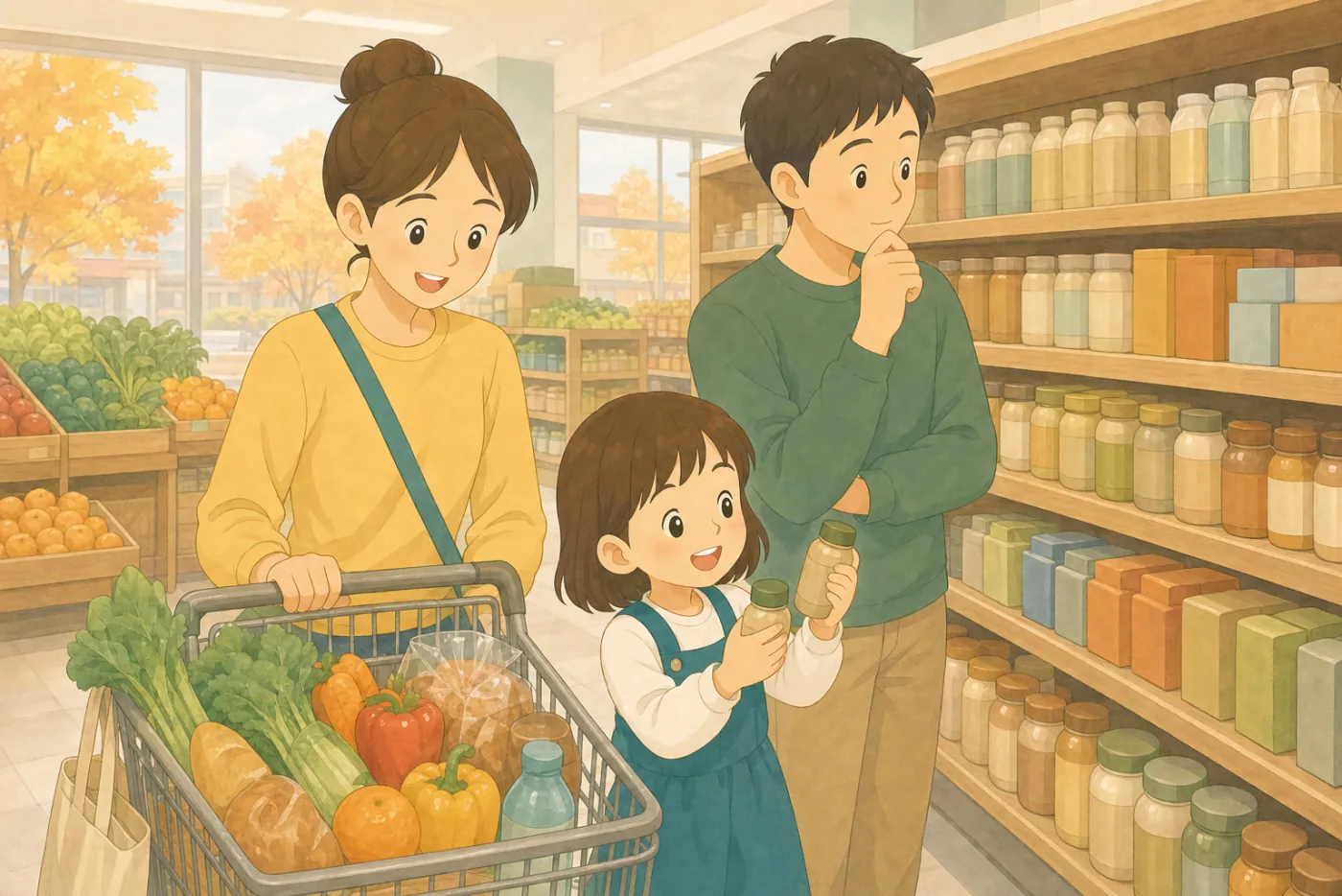 秋のスーパーで、母親がカートを押し、娘が2つの調味料のびんを見比べ、父親が棚の前で考え込んでいる様子