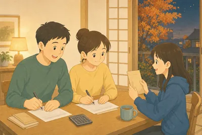 秋の夜のダイニングで、夫婦が並んで書類に記入し、アルバイトをしている娘が向かいの席で給与明細の封筒を見せている様子
