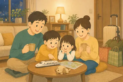 夜のリビングで、両親と子ども2人がローテーブルを囲み、新幹線のおもちゃと地図を見ながら、年末の帰省の計画を楽しそうに話している様子