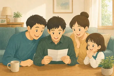 リビングのテーブルで給与明細を見ながら家計について話し合う若い社会人と家族の様子