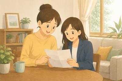 リビングのテーブルで給与明細を一緒に見ながら話す親子の様子