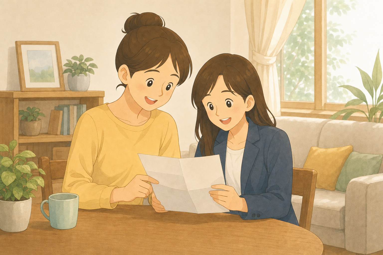 リビングのテーブルで給与明細を一緒に見ながら話す親子の様子