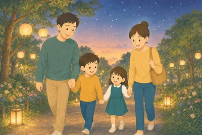 夜のライトアップされた公園を家族で歩いて楽しむ様子