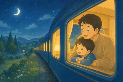 夜の野山を走る青い夜行列車と、車窓辺りでくつろぐ家族をパステル調で描いた絵本のような様子