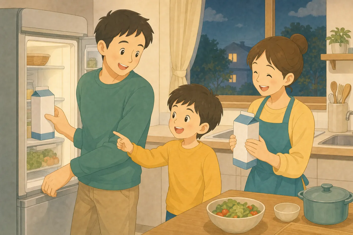 夜の台所で、帰宅した父親が牛乳を冷蔵庫に入れようとしたところ、すでに同じ牛乳があるのに気づき、母親と子どもが笑っている様子