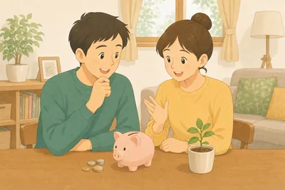 リビングのテーブルで家計や投資の方針について話し合う夫婦の様子