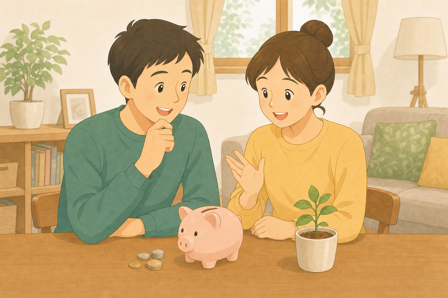 リビングのテーブルで家計や投資の方針について話し合う夫婦の様子