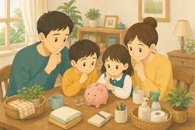 暮らしとお金のバランスを家族で考える様子