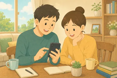 リビングで投資や家計の方針を落ち着いて話し合う夫婦の様子