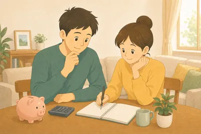 リビングのテーブルで家計の将来設計について話し合う夫婦の様子