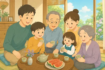 帰省先でくつろぎながら過ごし方を話し合う家族の様子