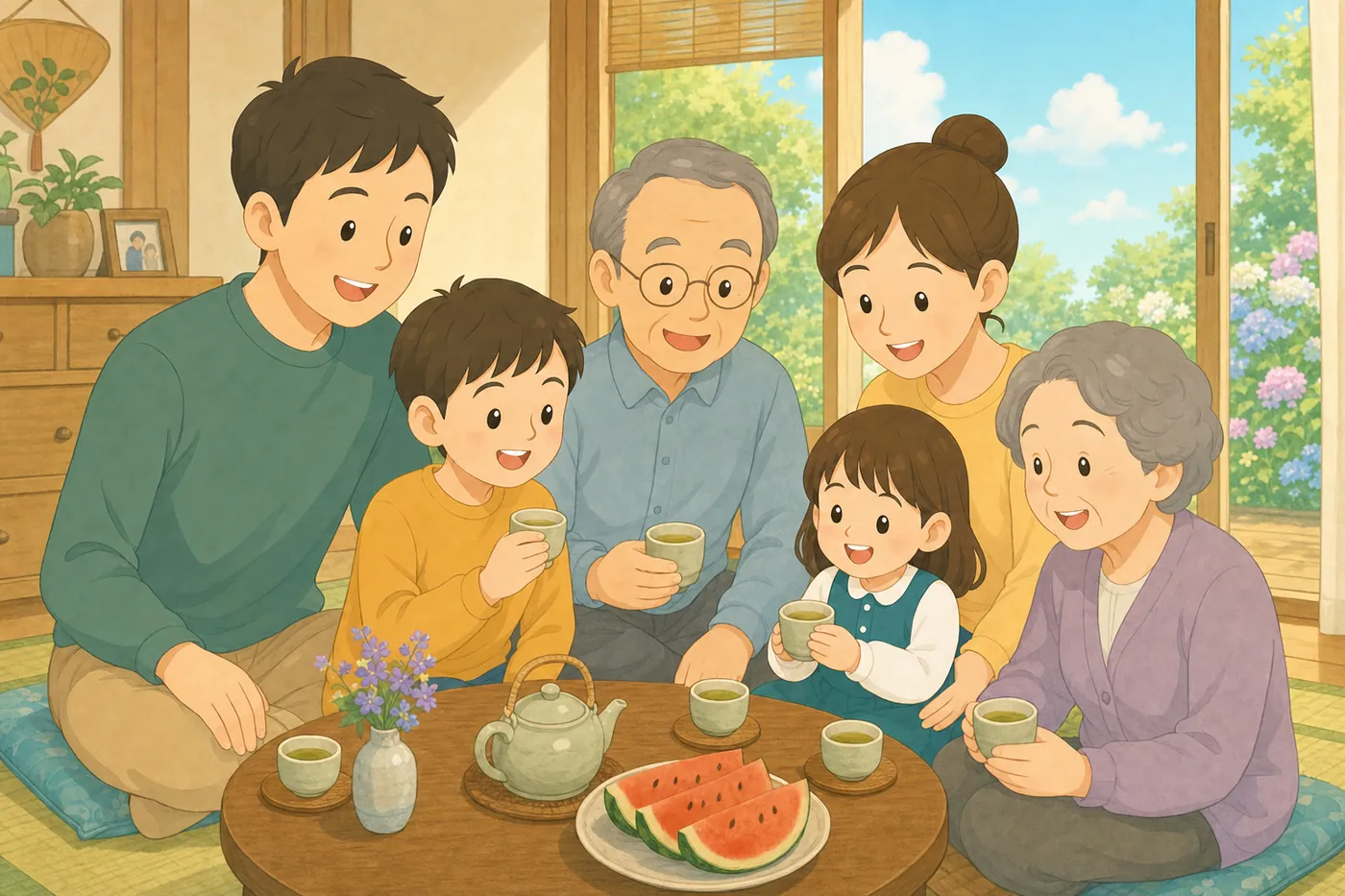 帰省先でくつろぎながら過ごし方を話し合う家族の様子