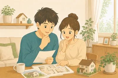 リビングでマンションや戸建ての資料を広げながら住まいの計画を話し合う夫婦の様子