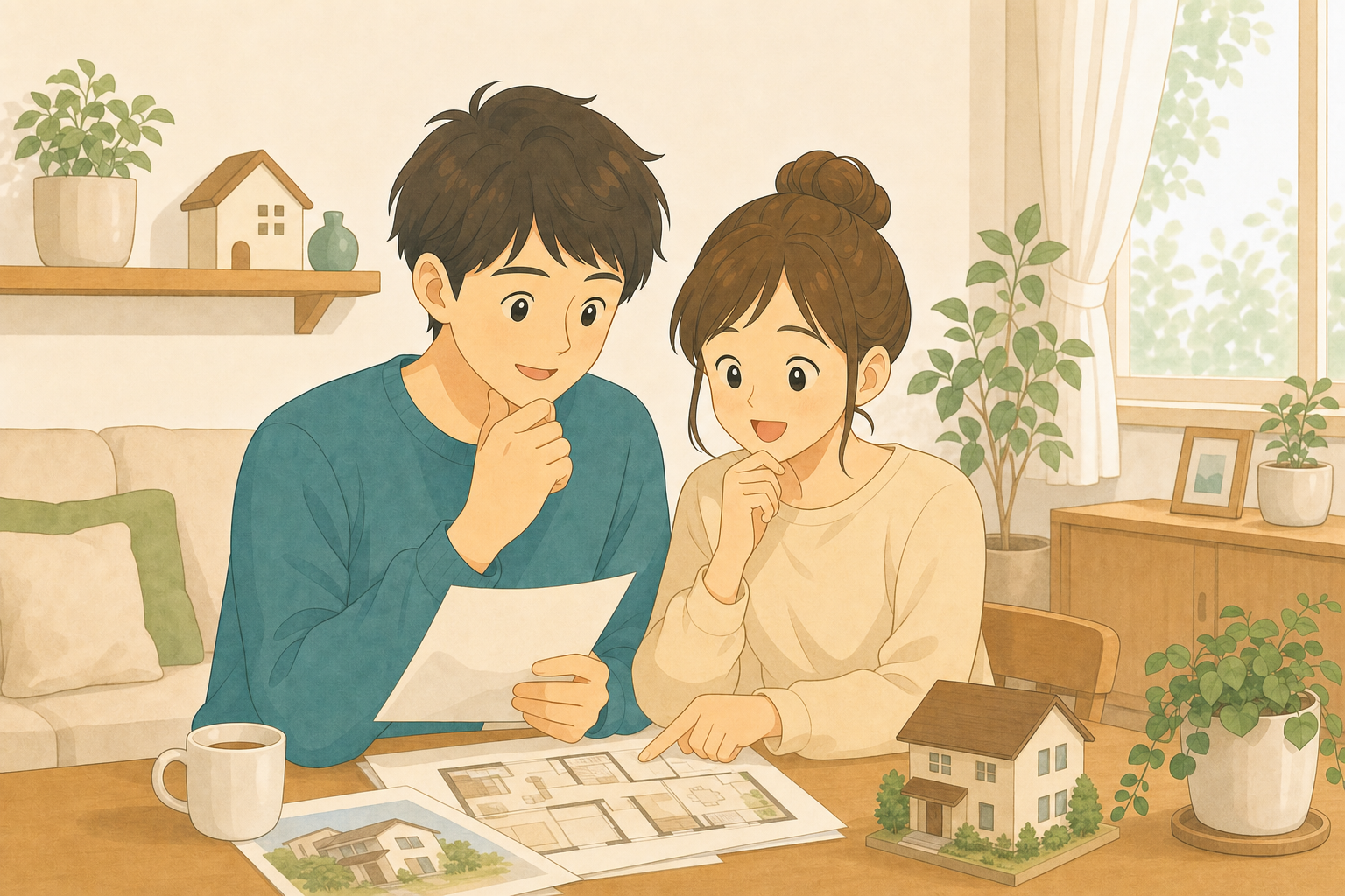 リビングでマンションや戸建ての資料を広げながら住まいの計画を話し合う夫婦の様子