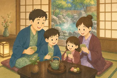 温泉旅館でくつろぐ家族の様子