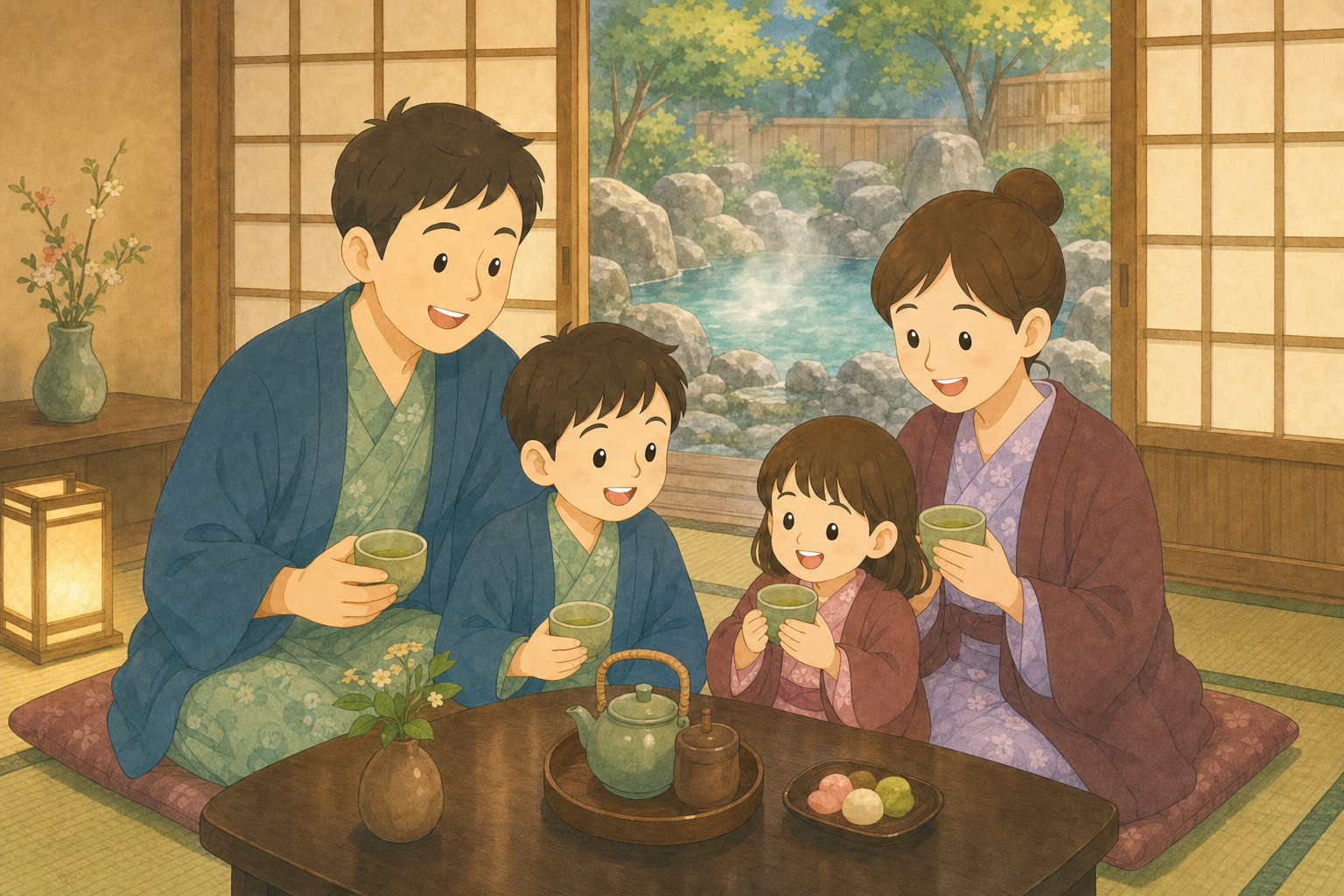 温泉旅館でくつろぐ家族の様子