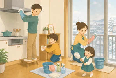 冬の朝のリビングで、父親が踏み台に乗ってレンジフードを拭き、母親が窓を拭き、子ども2人が棚をふいたりはたきを持ったりしている家族の大掃除の様子