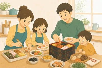 明るいキッチンで、母親と娘がおせちの小皿を盛りつけ、父親が重箱に海老を詰め、息子が横からのぞき込んでいる様子