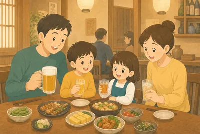 居酒屋のテーブルで小鉢を前に家族で食事をする様子