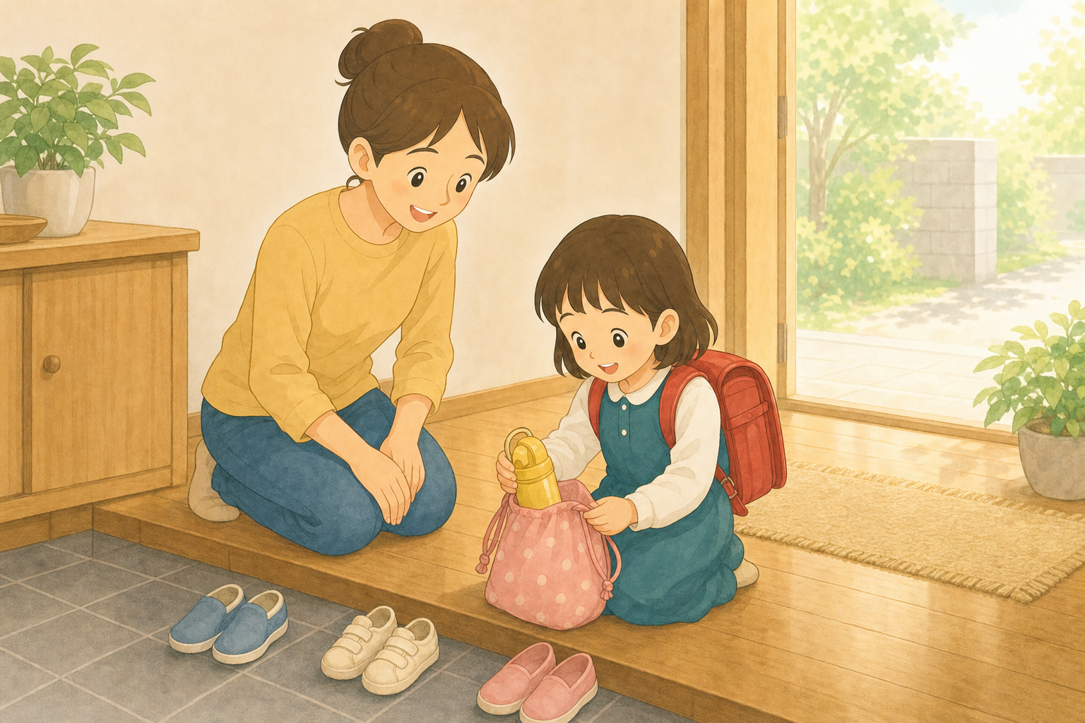 玄関で子どもが登校前に持ち物を確認し、母親が見送る様子