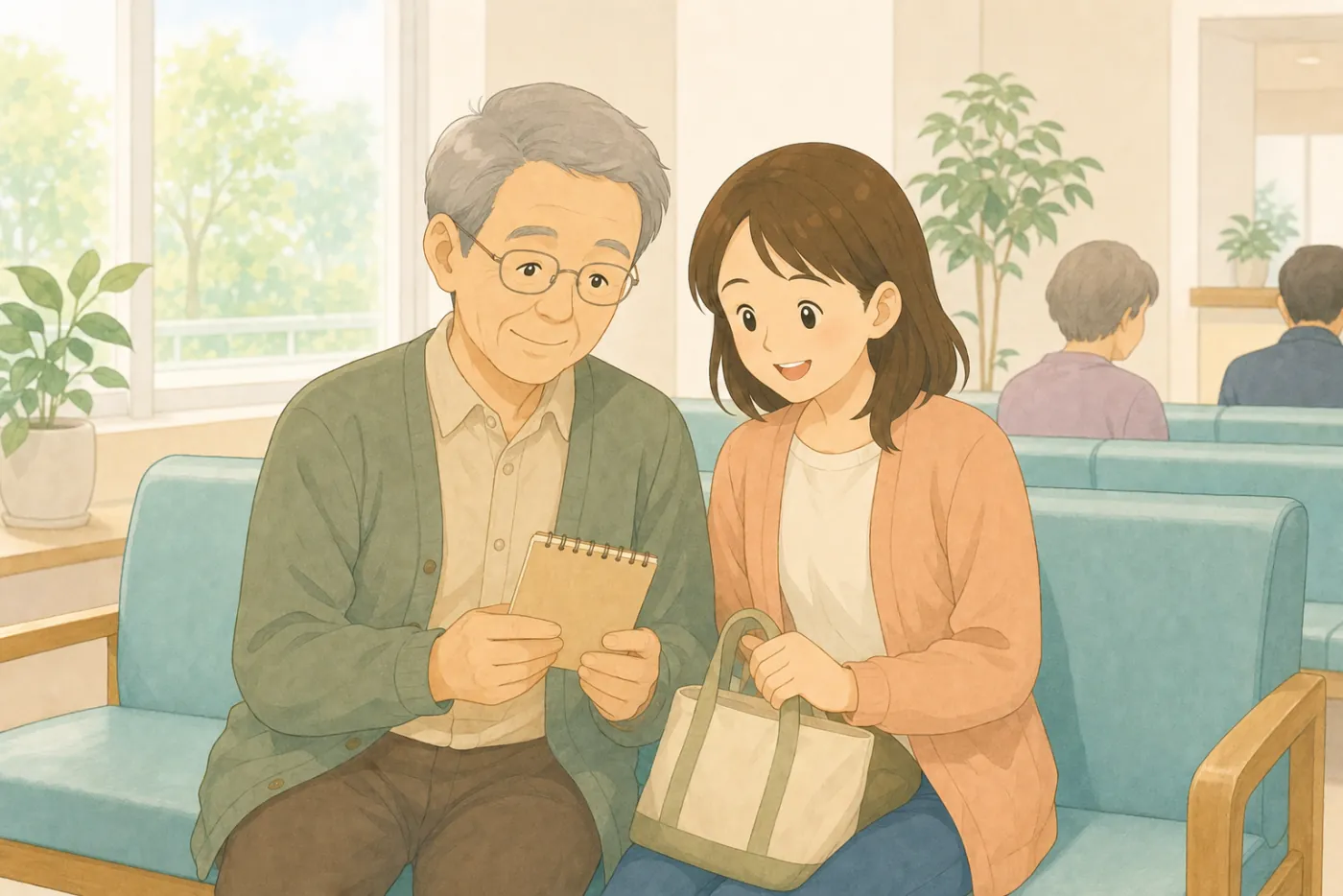 明るい病院の待合で、手帳を手にした高齢の父親と、そのそばに寄り添ってのぞき込む娘が並んで座っている様子