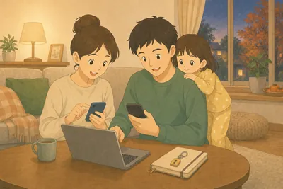 秋の夜のリビングで、両親がノートパソコンとスマートフォンを手にアカウントの設定を見直し、パジャマ姿の子どもが父親の肩越しにのぞき込んでいる様子