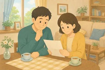リビングでねんきん定期便を見ながら老後について話し合う夫婦の様子